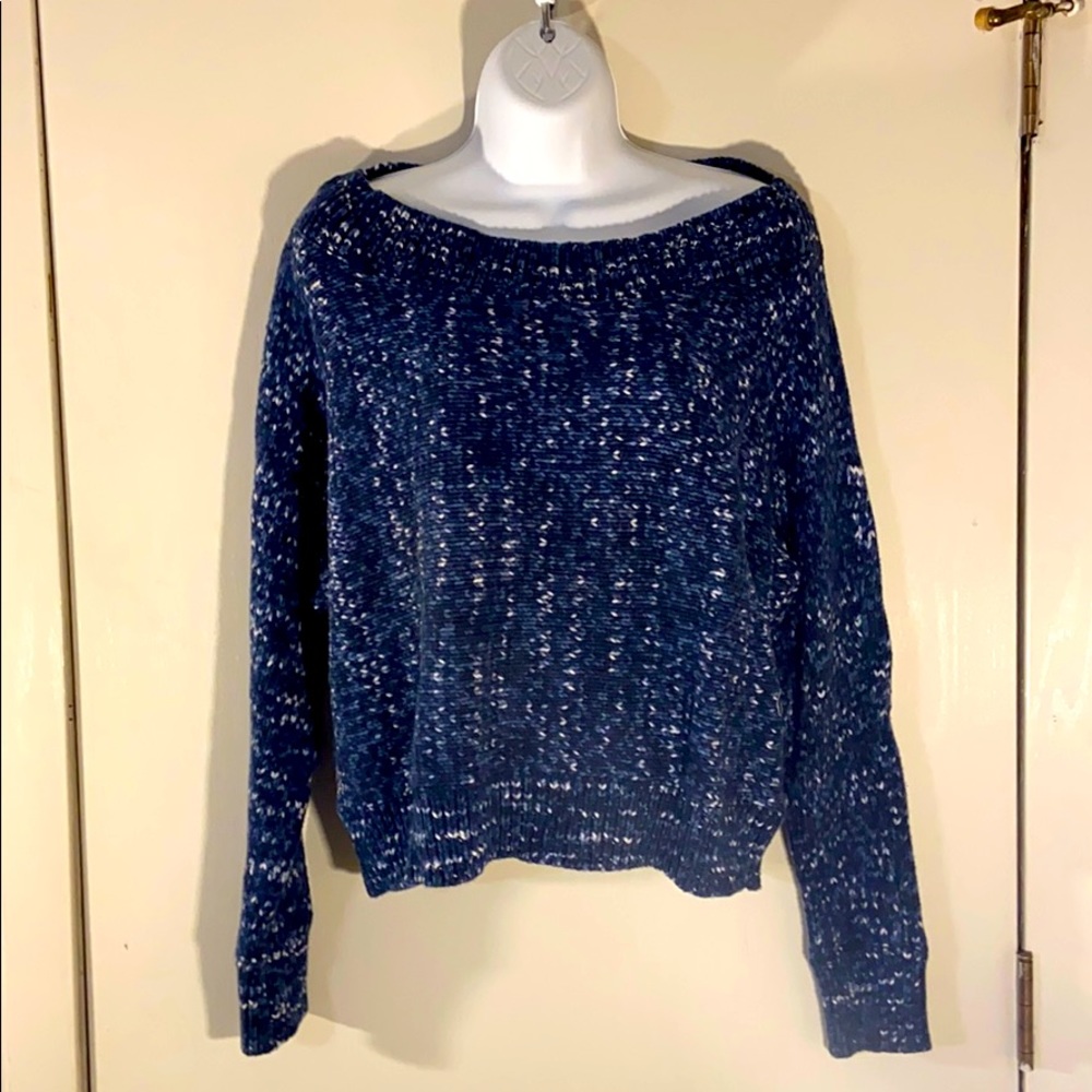 Blue and white marled cotton blend crop top